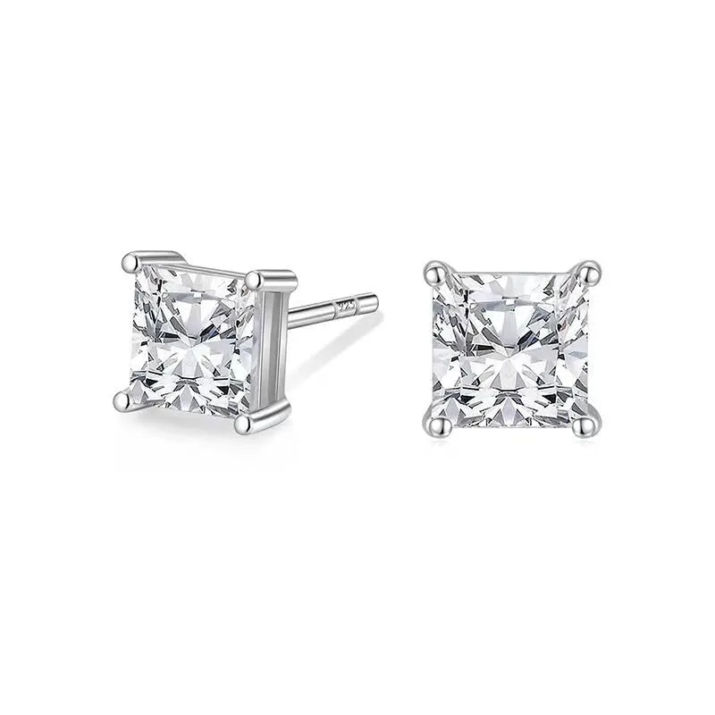 1.0 Carats VVS1 Moissanite 925 Sterling Silver Princess Cut Earring Studs in White Gold