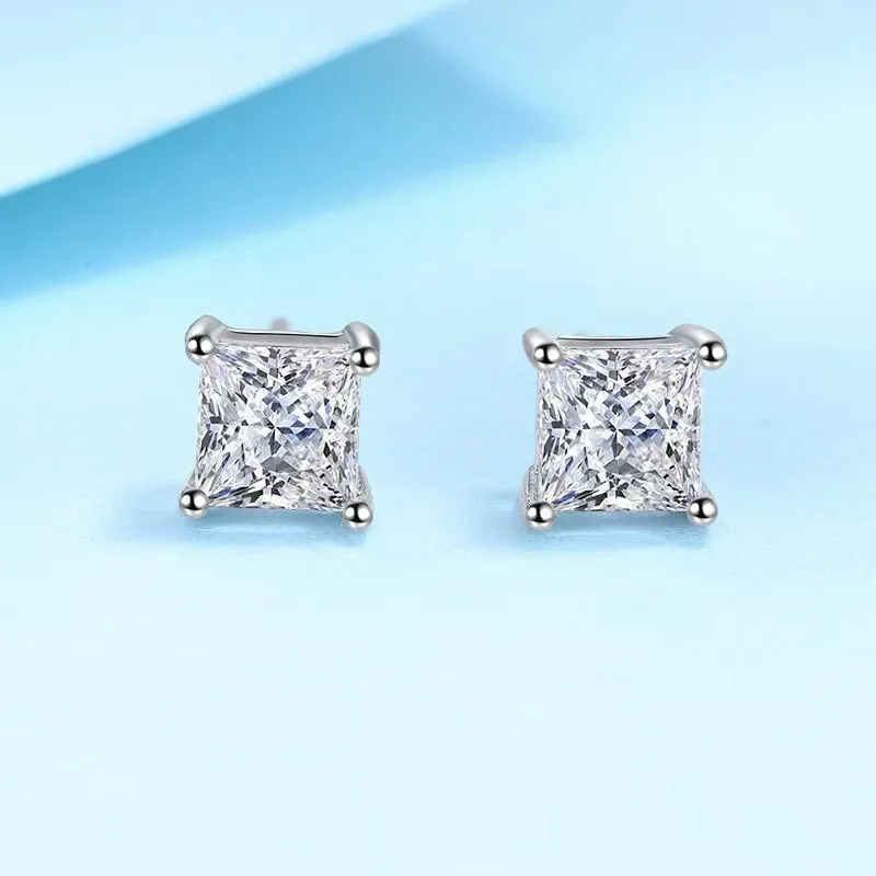 1.0 Carats VVS1 Moissanite 925 Sterling Silver Princess Cut Earring Studs in White Gold