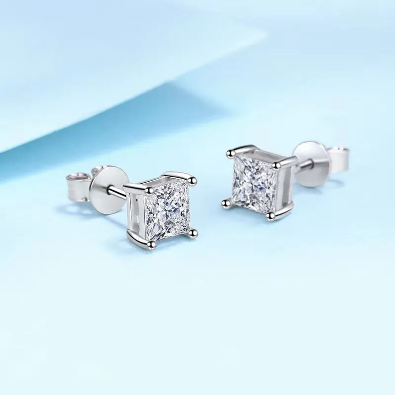 1.0 Carats VVS1 Moissanite 925 Sterling Silver Princess Cut Earring Studs in White Gold