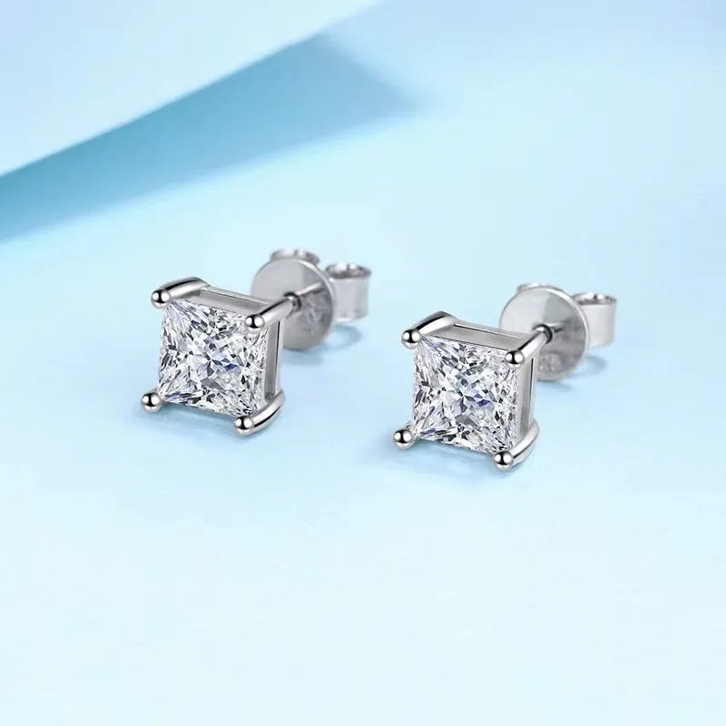 1.0 Carats VVS1 Moissanite 925 Sterling Silver Princess Cut Earring Studs in White Gold