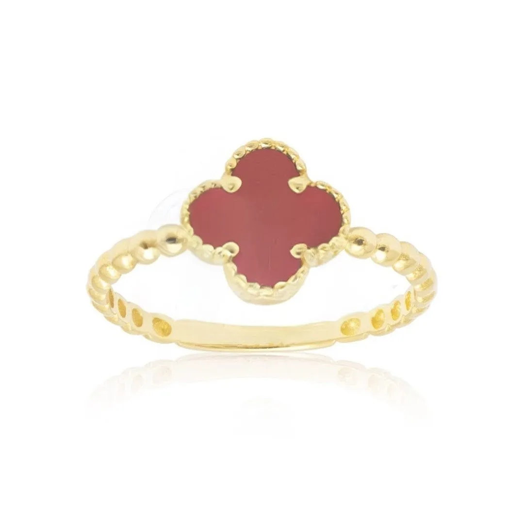 10K Yellow Gold (9mm) Designer Style Beaded Four Leaf Clover Red Coral Ring