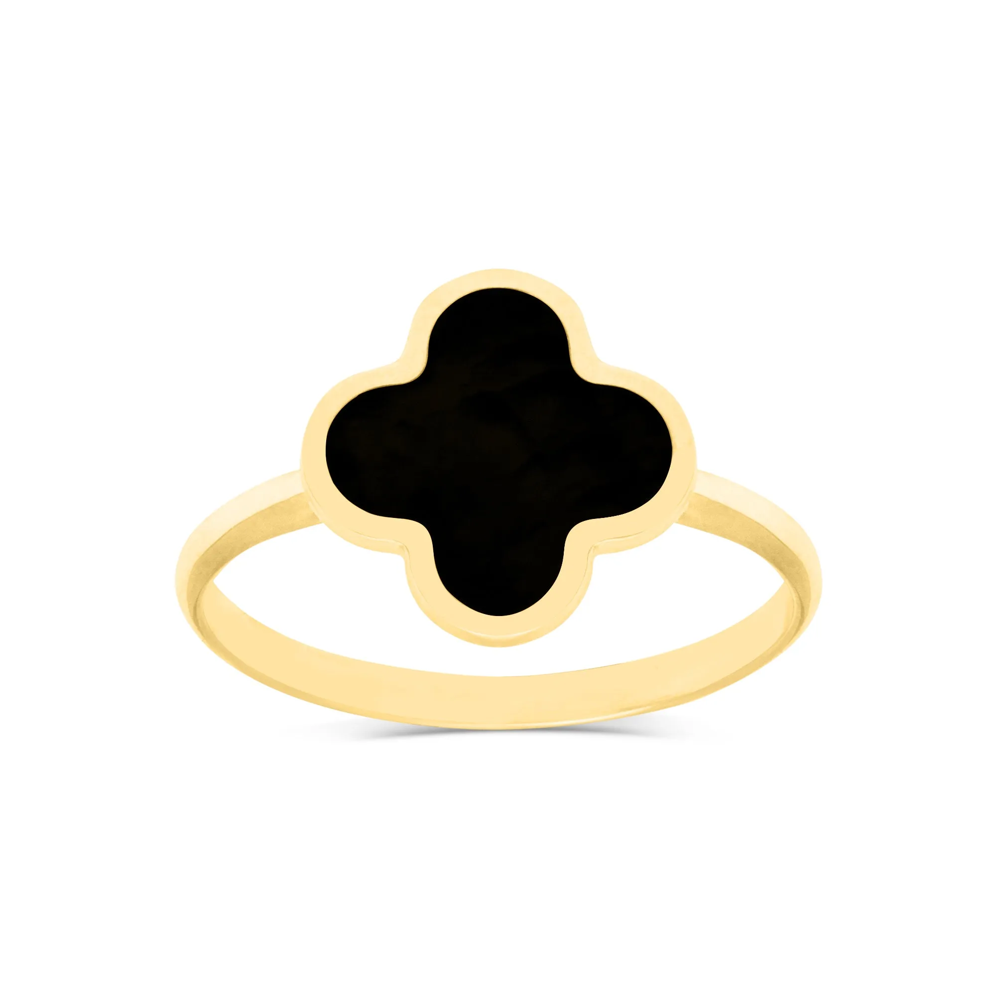 10K Yellow Gold Designer Style Four Leaf Clover Black Onyx Ring