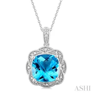 10X10 MM Cushion Shape Blue Topaz and 1/20 ctw Round Cut Diamond Semi Precious Pendant With Chain in Sterling Silver