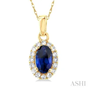 1/20 ctw Round Cut Diamond and 5X3MM Oval Shape Sapphire Halo Precious Pendant with Chain in 10K Yellow Gold
