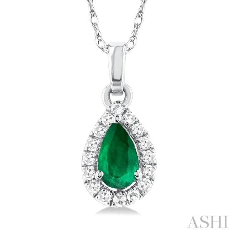 1/20 ctw Round Cut Diamond and 5X3MM Pear Shape Emerald Halo Precious Pendant with Chain in 14K White Gold
