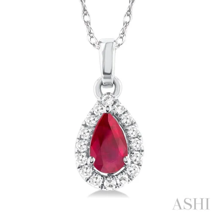 1/20 ctw Round Cut Diamond and 5X3MM Pear Shape Ruby Halo Precious Pendant with Chain in 10K White Gold