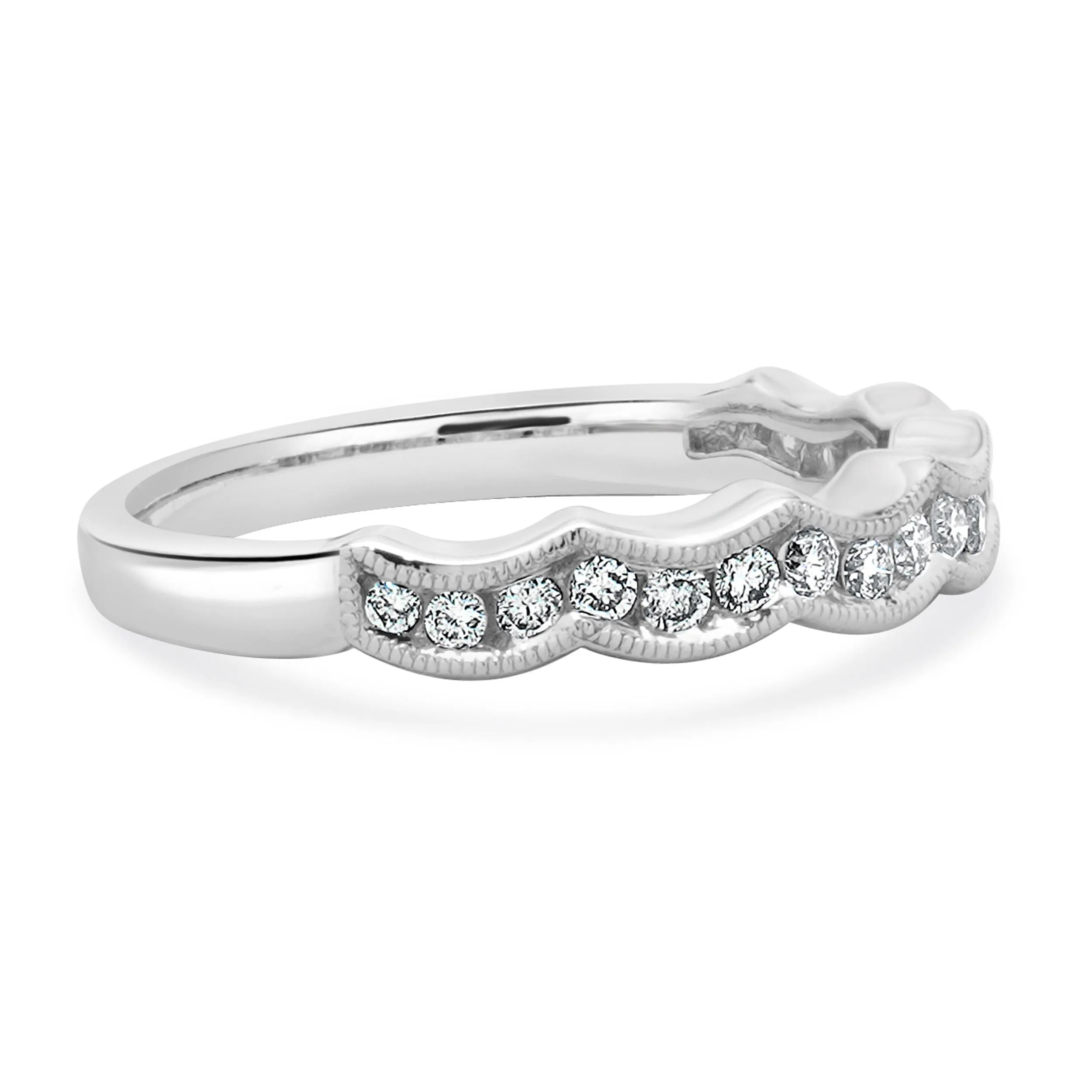 14 Karat White Gold Milgrain Scalloped Diamond Band