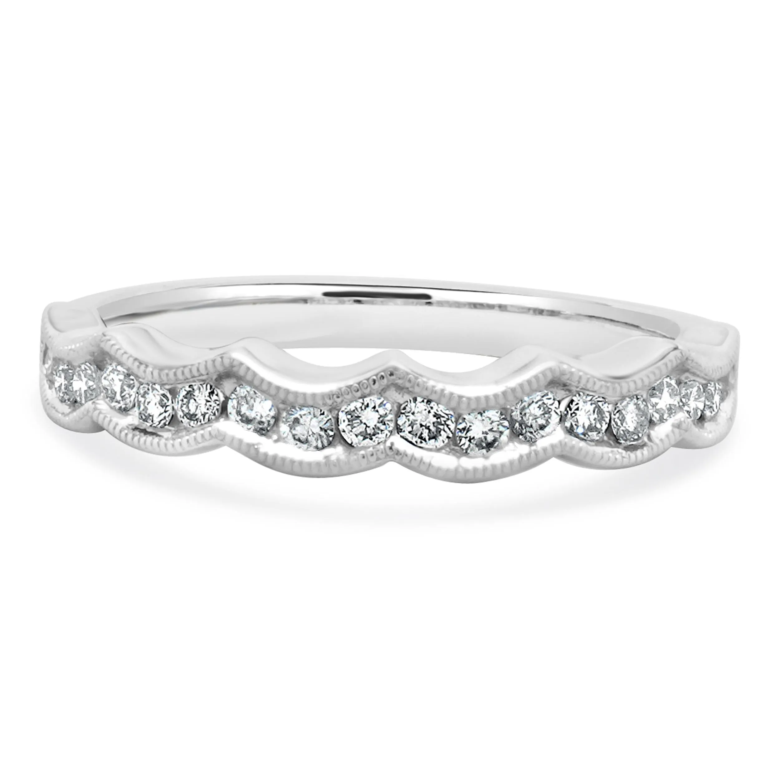 14 Karat White Gold Milgrain Scalloped Diamond Band