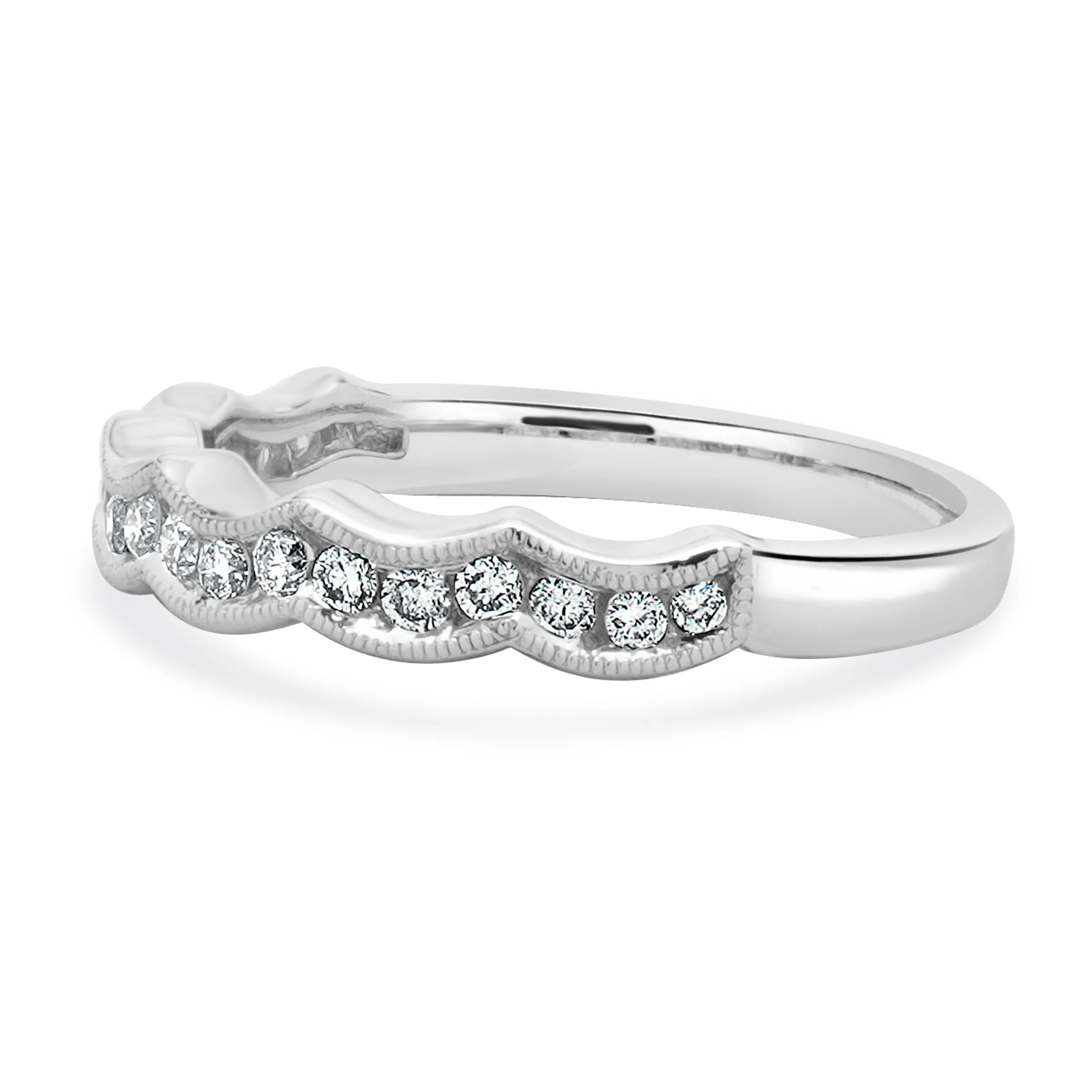 14 Karat White Gold Milgrain Scalloped Diamond Band