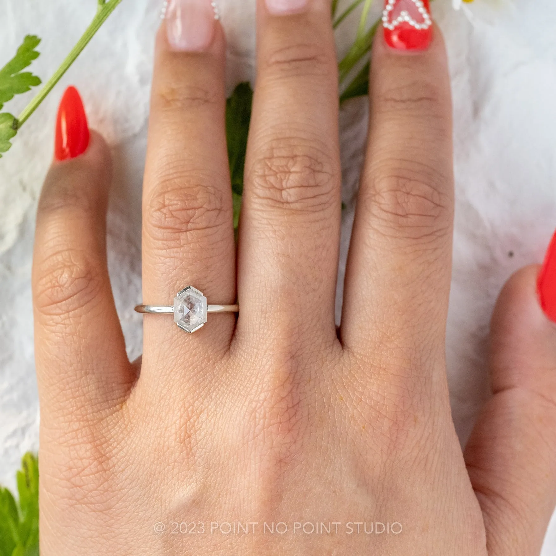 1.41 Carat Icy White Hexagon Diamond Engagement Ring, Charlize Setting, 14k White Gold