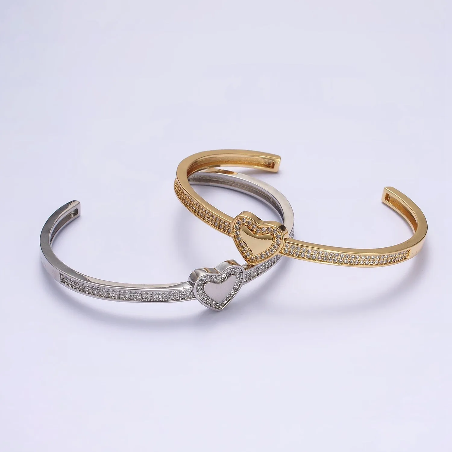 14K Gold Filled Heart Clear Micro Paved CZ Cuff Bangle Bracelet in Silver & Gold | WA-1924 WA-1925