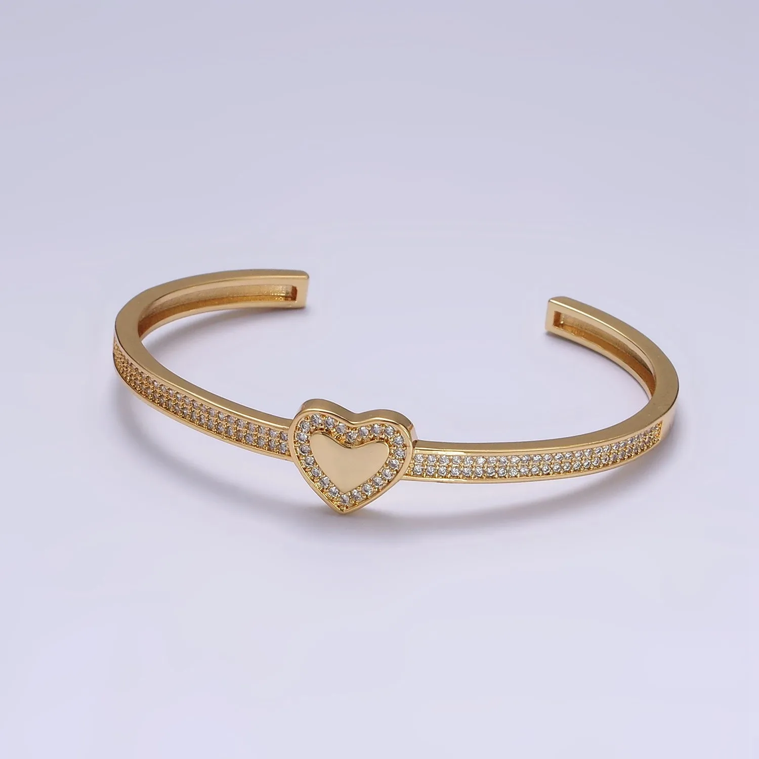 14K Gold Filled Heart Clear Micro Paved CZ Cuff Bangle Bracelet in Silver & Gold | WA-1924 WA-1925