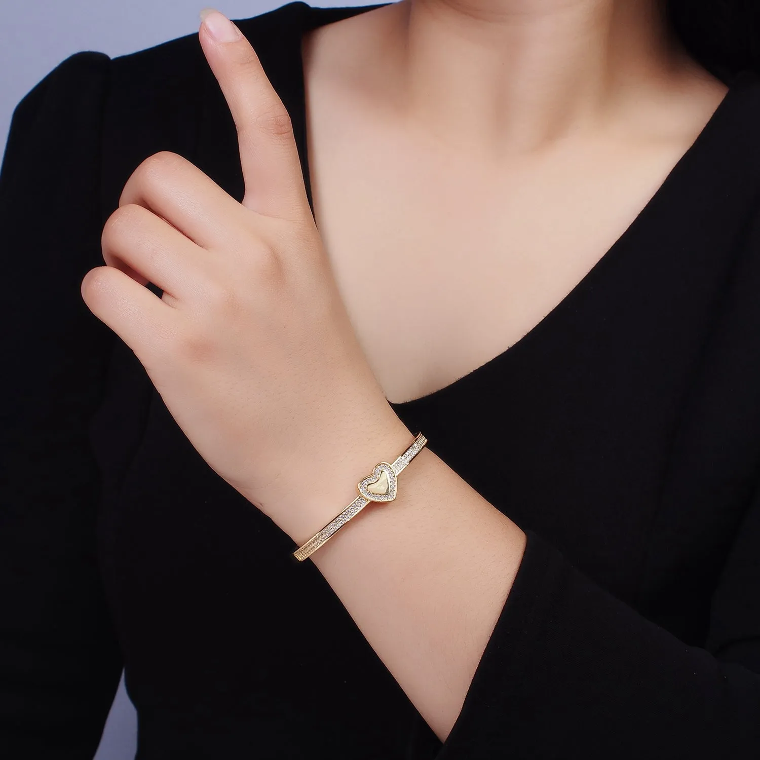 14K Gold Filled Heart Clear Micro Paved CZ Cuff Bangle Bracelet in Silver & Gold | WA-1924 WA-1925