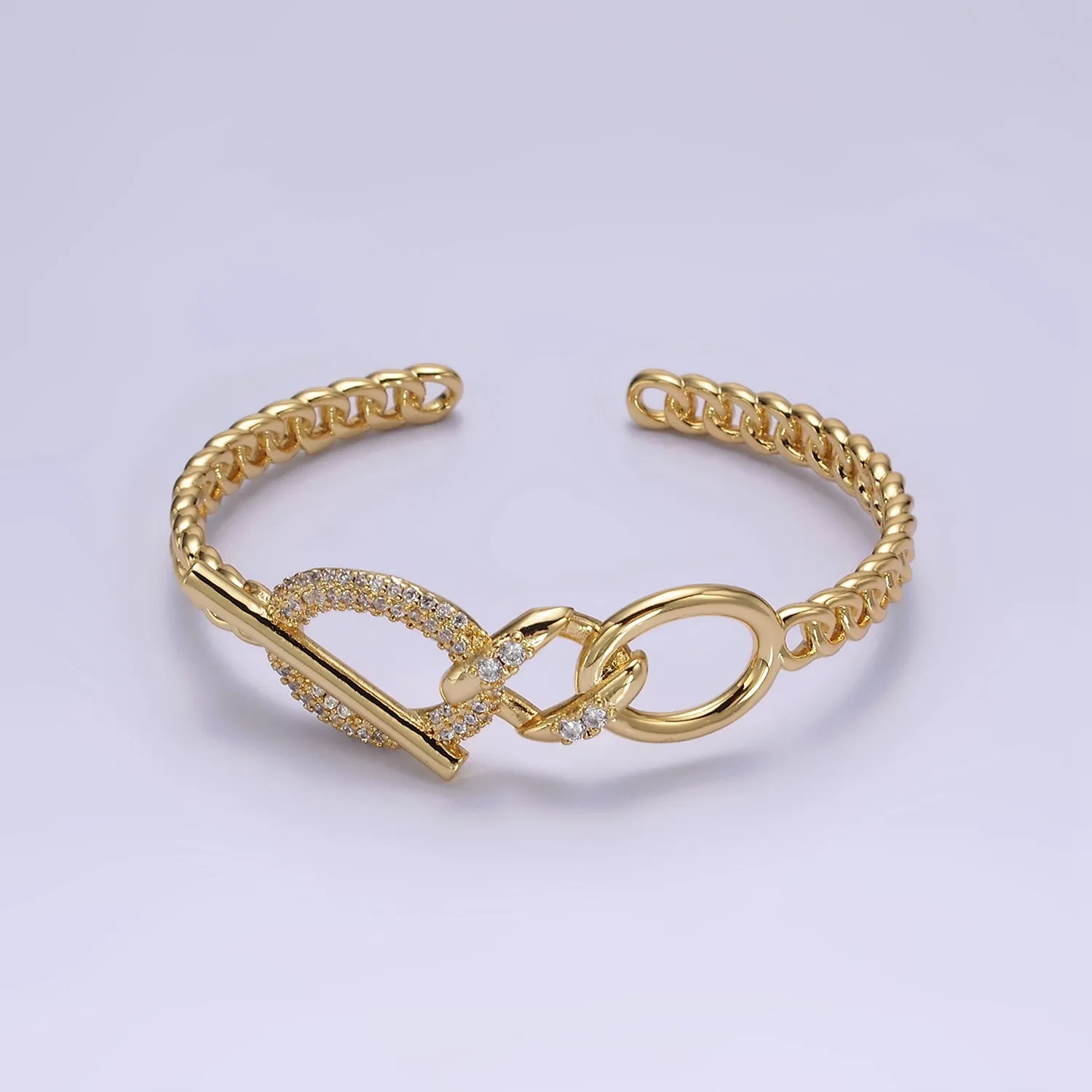 14K Gold Filled Micro Paved CZ Oval Bar Curb Cuff Bangle Bracelet in Gold & Silver | WA-1972 WA-1973