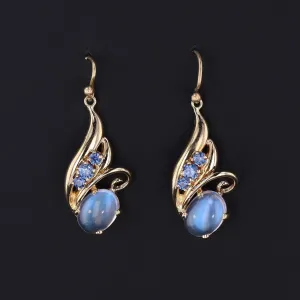 14k Gold Moonstone & Sapphire Earrings | Vintage Dangle Earrings