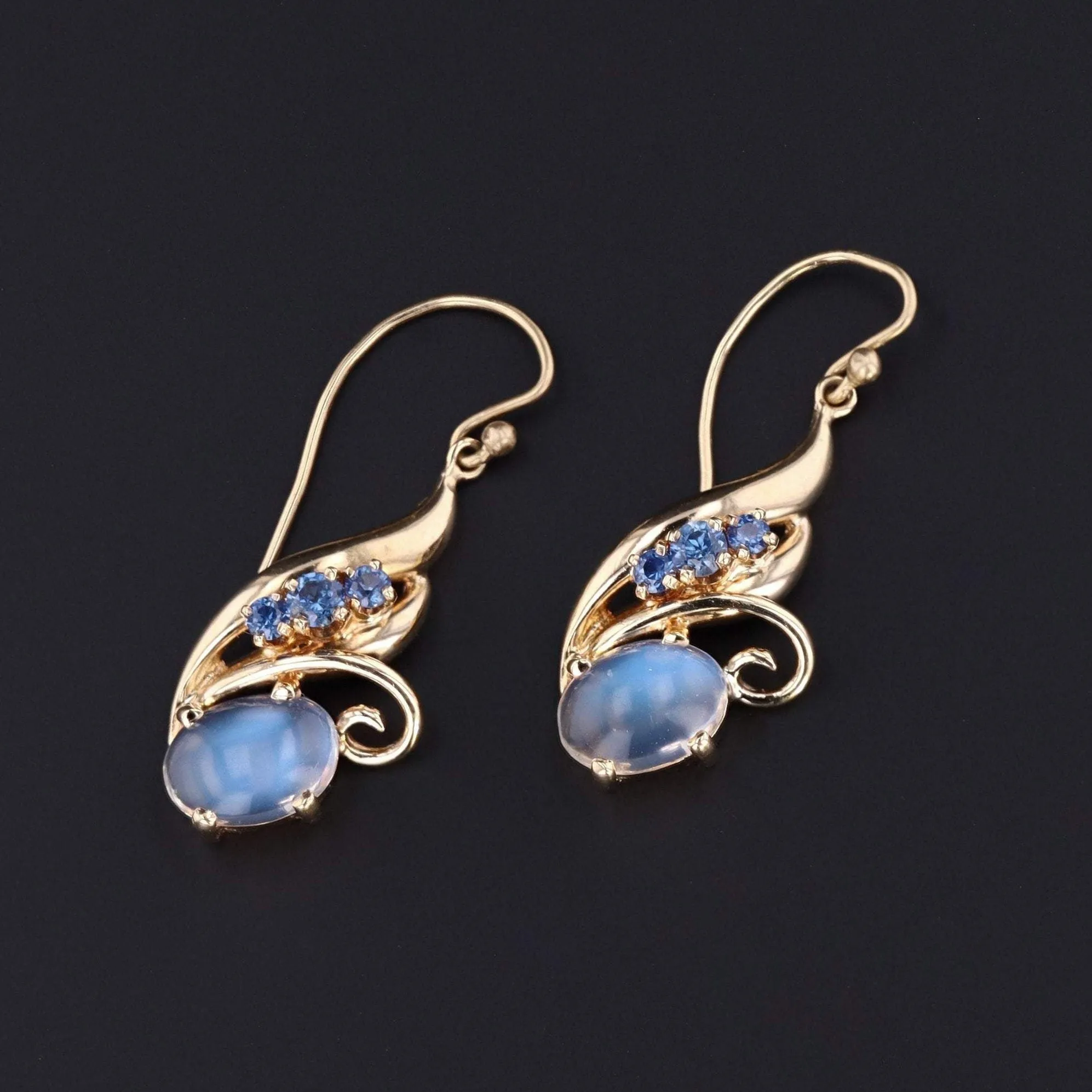 14k Gold Moonstone & Sapphire Earrings | Vintage Dangle Earrings