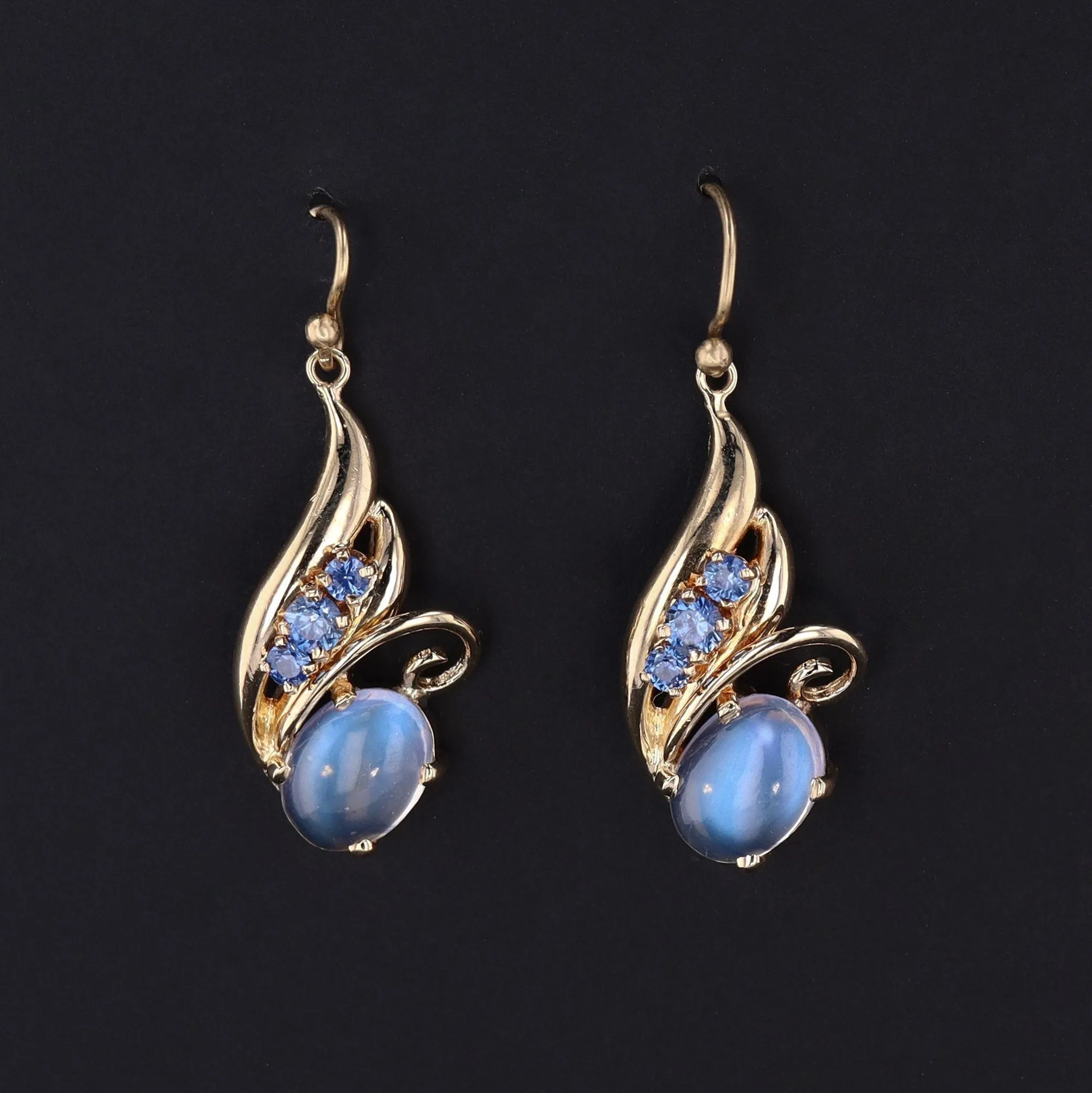 14k Gold Moonstone & Sapphire Earrings | Vintage Dangle Earrings