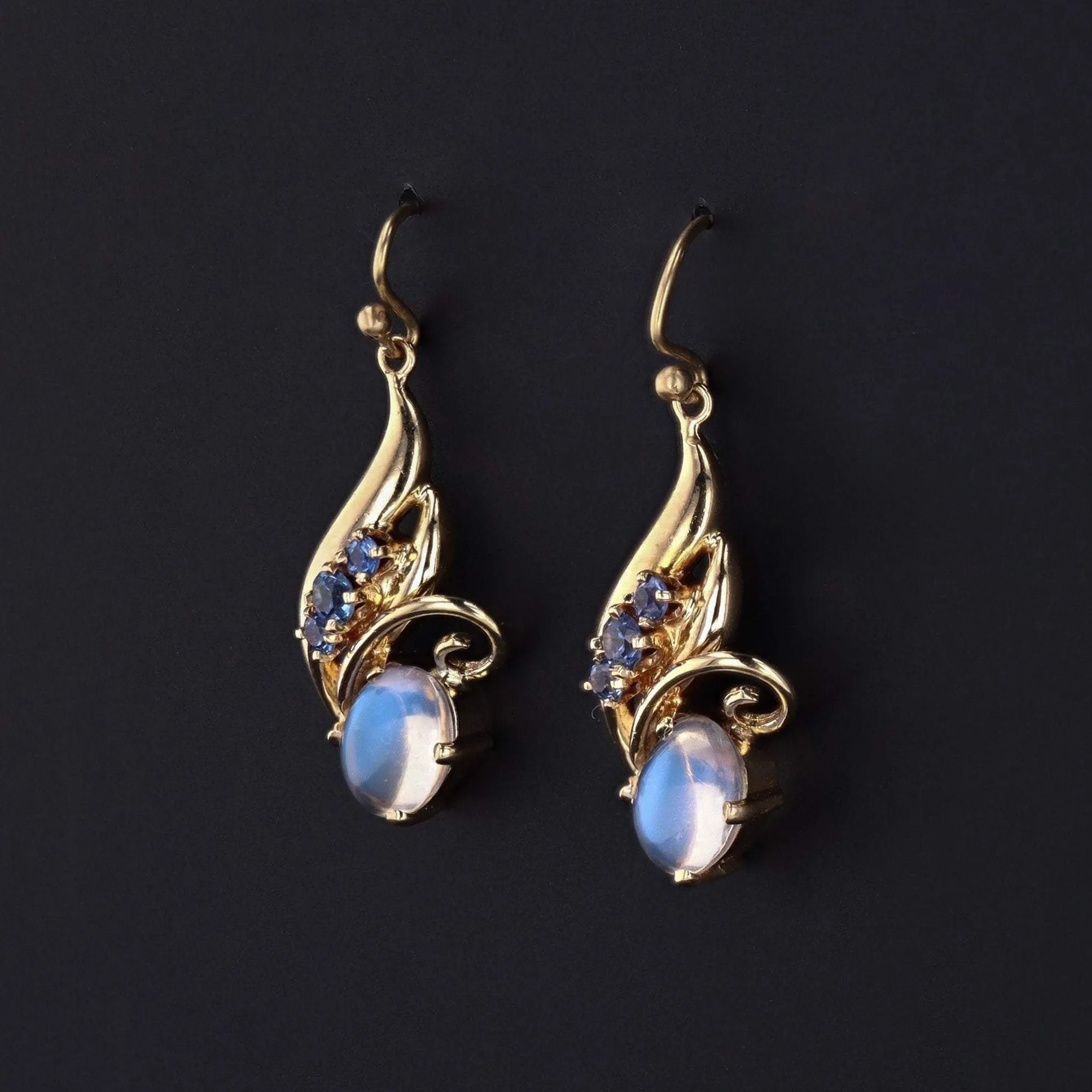 14k Gold Moonstone & Sapphire Earrings | Vintage Dangle Earrings