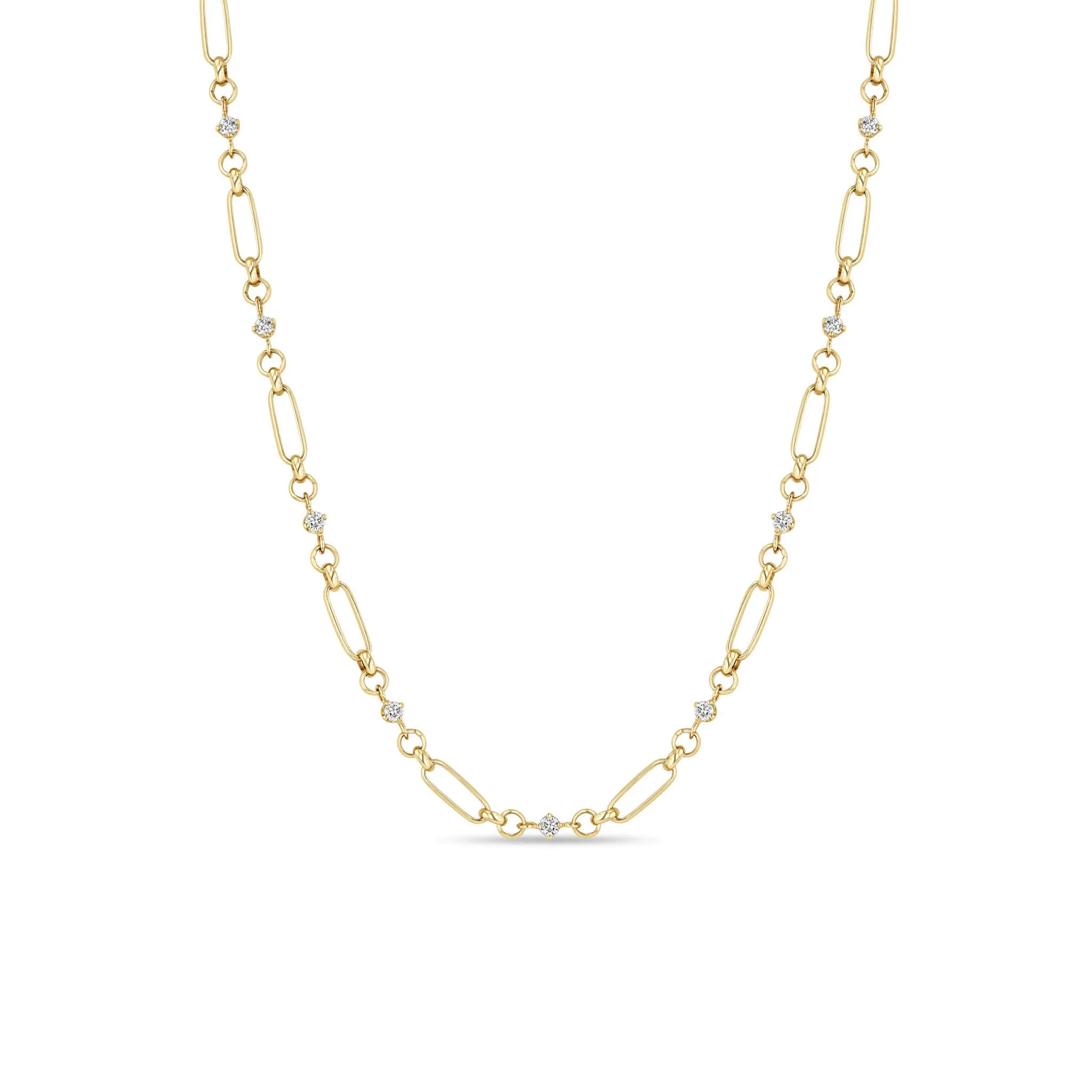 14k Linked Prong Diamond & Medium Paperclip Rolo Chain Necklace