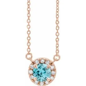 14K Rose 4.5 mm Natural Blue Zircon & .05 CTW Natural Diamond 16" Necklace