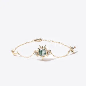 14k Solid Gold Sun Bracelet Natural Green Moss Agate Wedding Bracelet