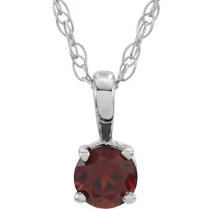 14K White 3 mm Round January Genuine Mozambique Garnet Youth Birthstone 14" Necklace