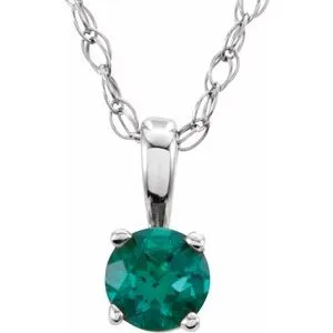 14K White 3 mm Round May Chatham® Lab-Created Emerald Youth Birthstone 14" Necklace
