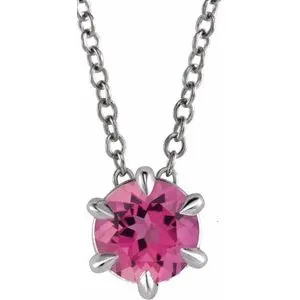 14K White 6 mm Natural Pink Tourmaline Solitaire 16-18" Necklace