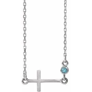 14K White Aquamarine Sideways Accented Cross 16-18" Necklace