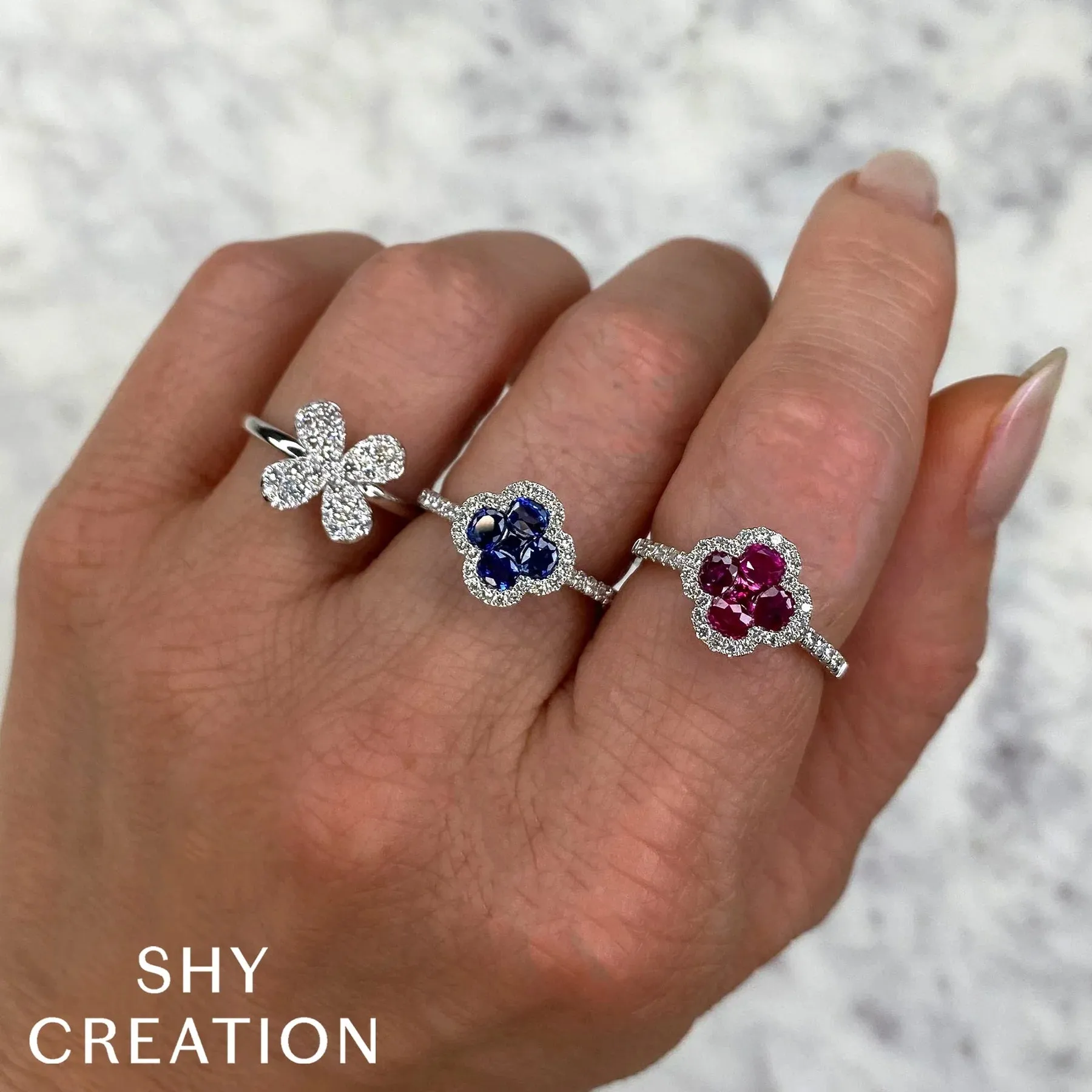 14K White Gold Ruby Diamond Clover Ring