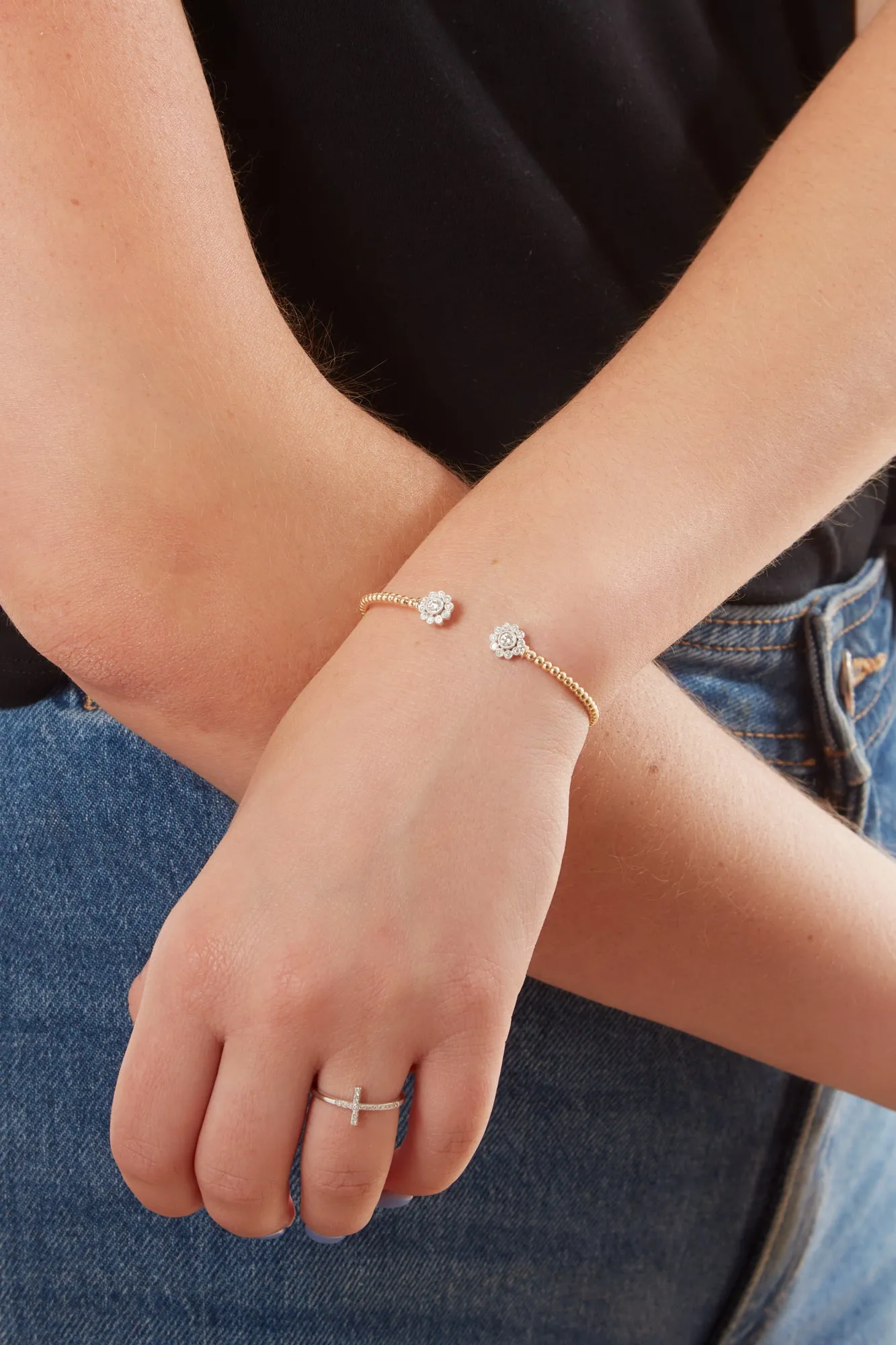 14K White-Yellow Gold Bujukan Split Cuff Bracelet with Diamond Flowers