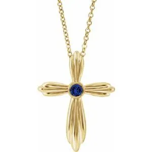 14K Yellow Chatham® Lab-Created Blue Sapphire Cross 16-18" Necklace