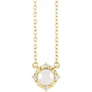 14K Yellow Cultured White Freshwater Pearl & .04 CTW Natural Diamond Halo-Style 18" Necklace