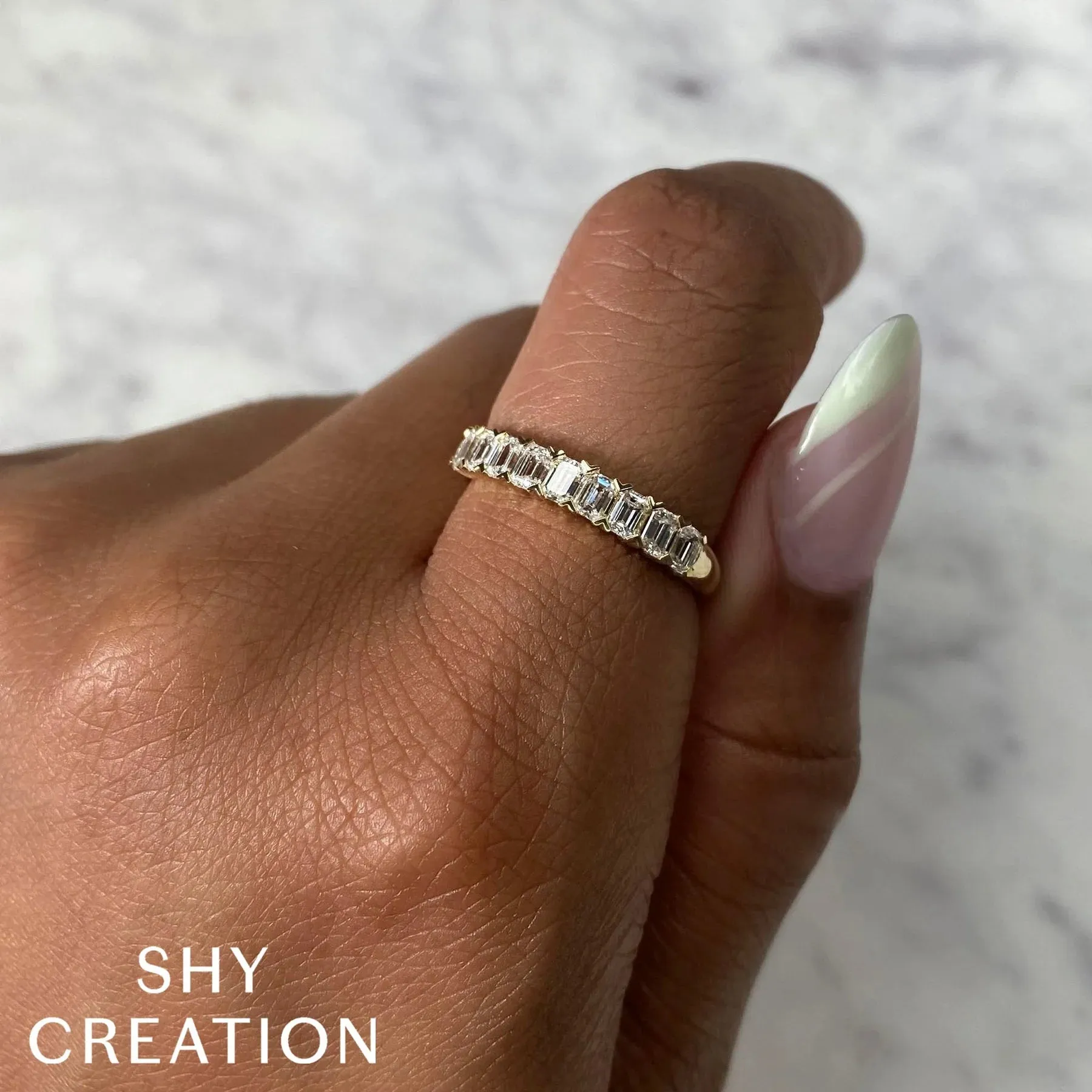 14K Yellow Gold 0.89 Carat Emerald Cut Diamond Wedding Band