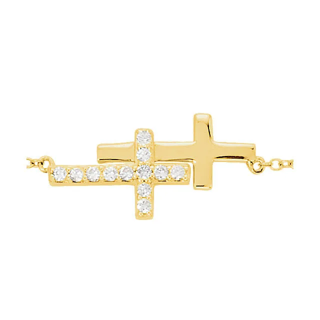 14k Yellow Gold 1/6 CTW Diamond Double Sideways Cross 8" Bracelet