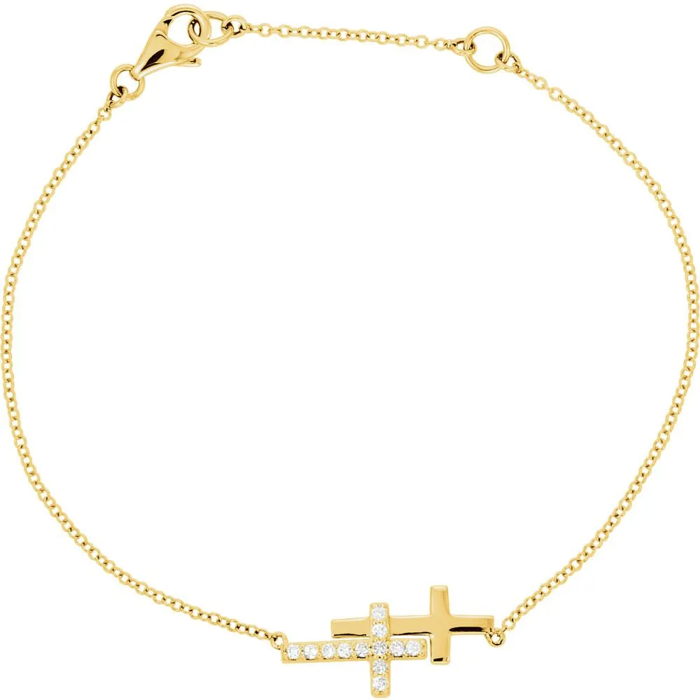14k Yellow Gold 1/6 CTW Diamond Double Sideways Cross 8" Bracelet