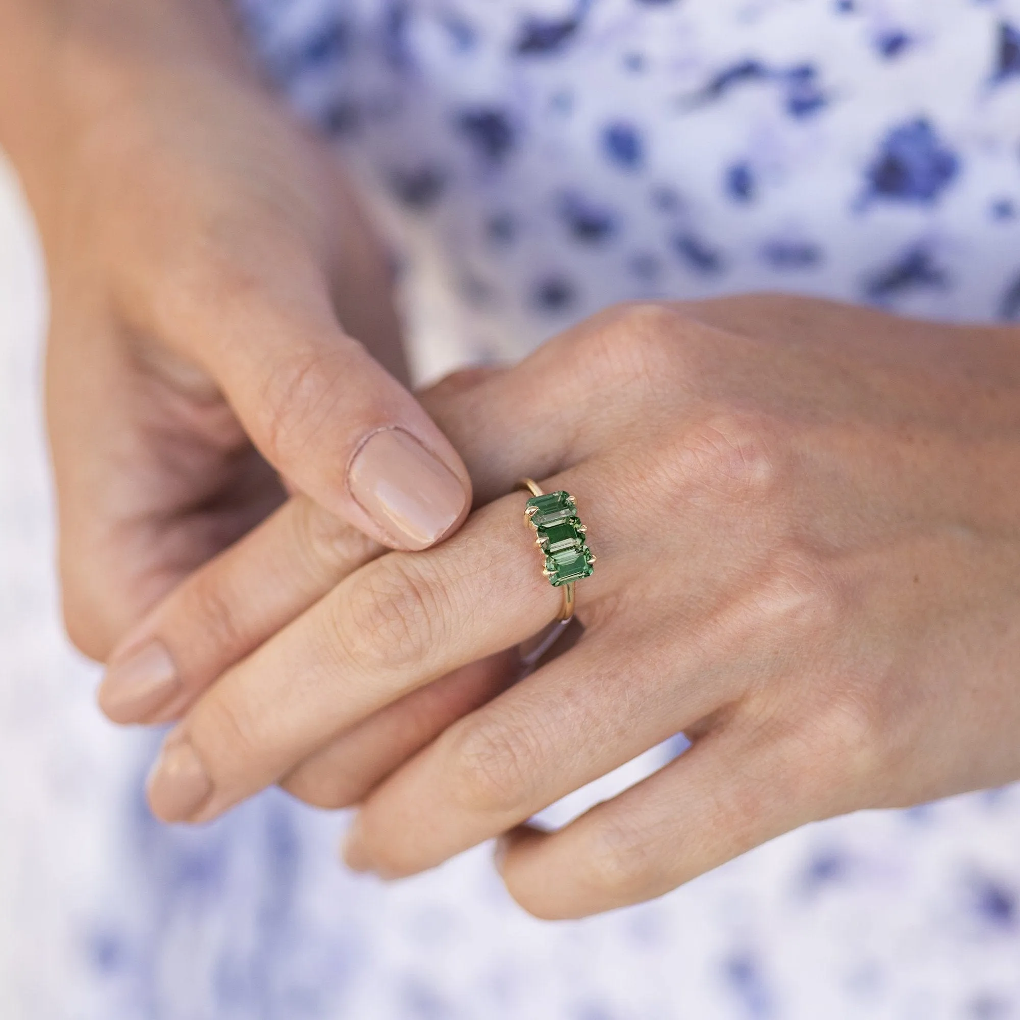 14K Yellow Gold 3 Stone Green Tourmaline Ring