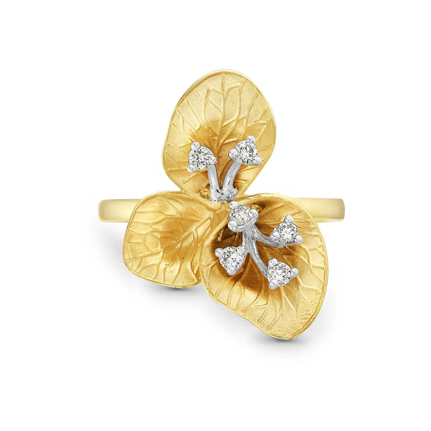 14K Yellow Gold Peony Design Flower Ring Natural Diamond