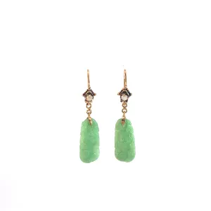 14k Yellow Gold Vintage Carved Jade and Round Opal Dangle Earrings