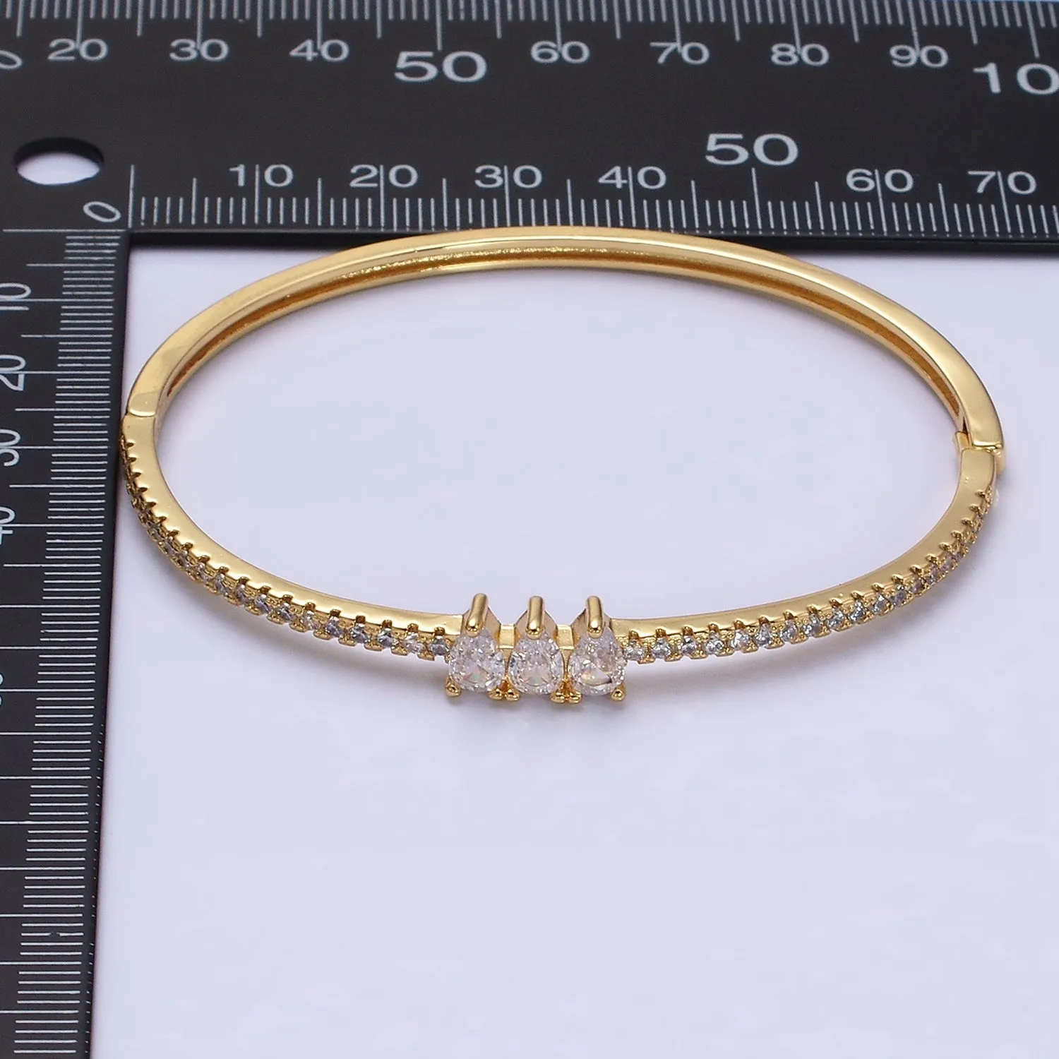16K Gold Filled Triple Teardrop CZ Micro Paved CZ Stackable Hinge Bangle Bracelet | WA-1759