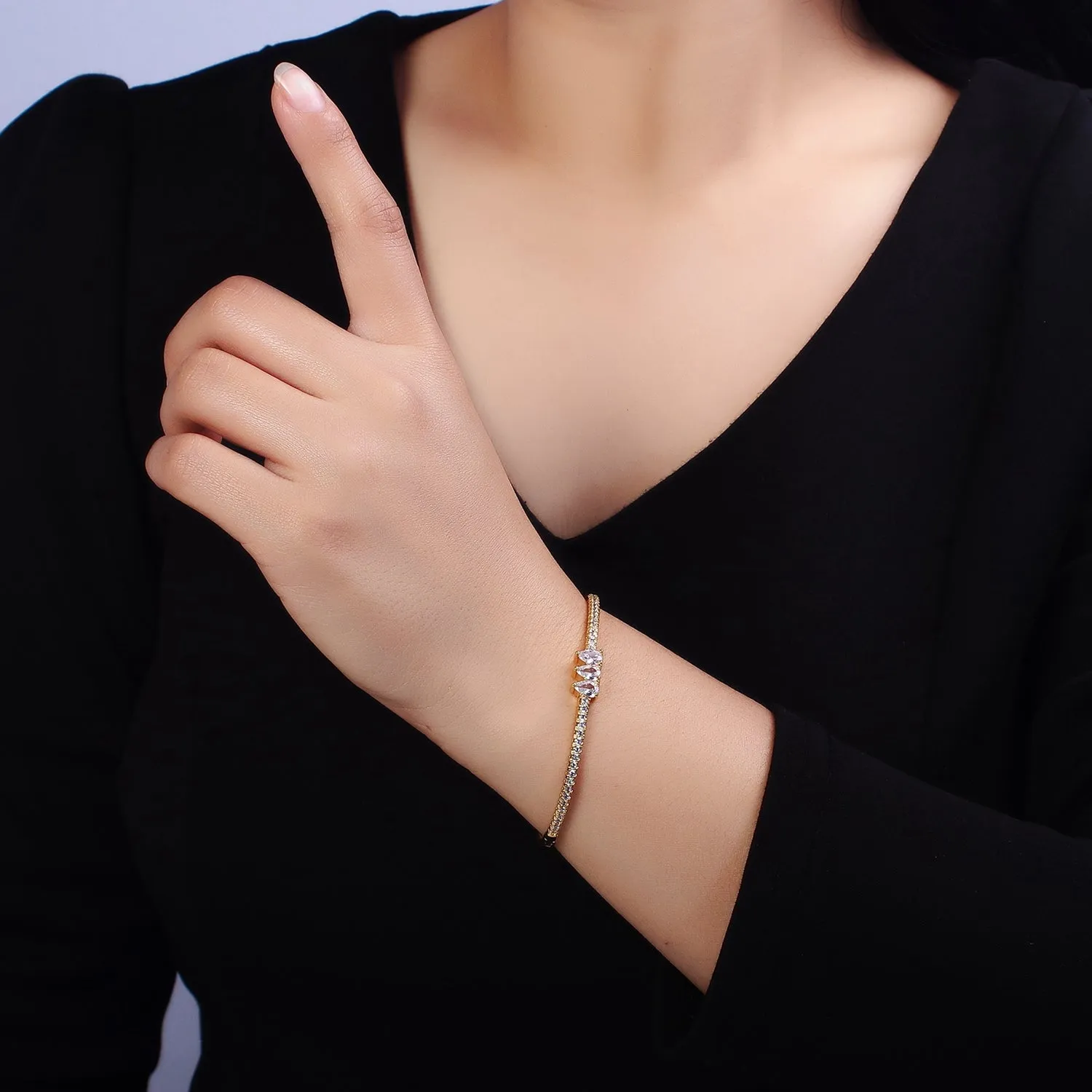16K Gold Filled Triple Teardrop CZ Micro Paved CZ Stackable Hinge Bangle Bracelet | WA-1759