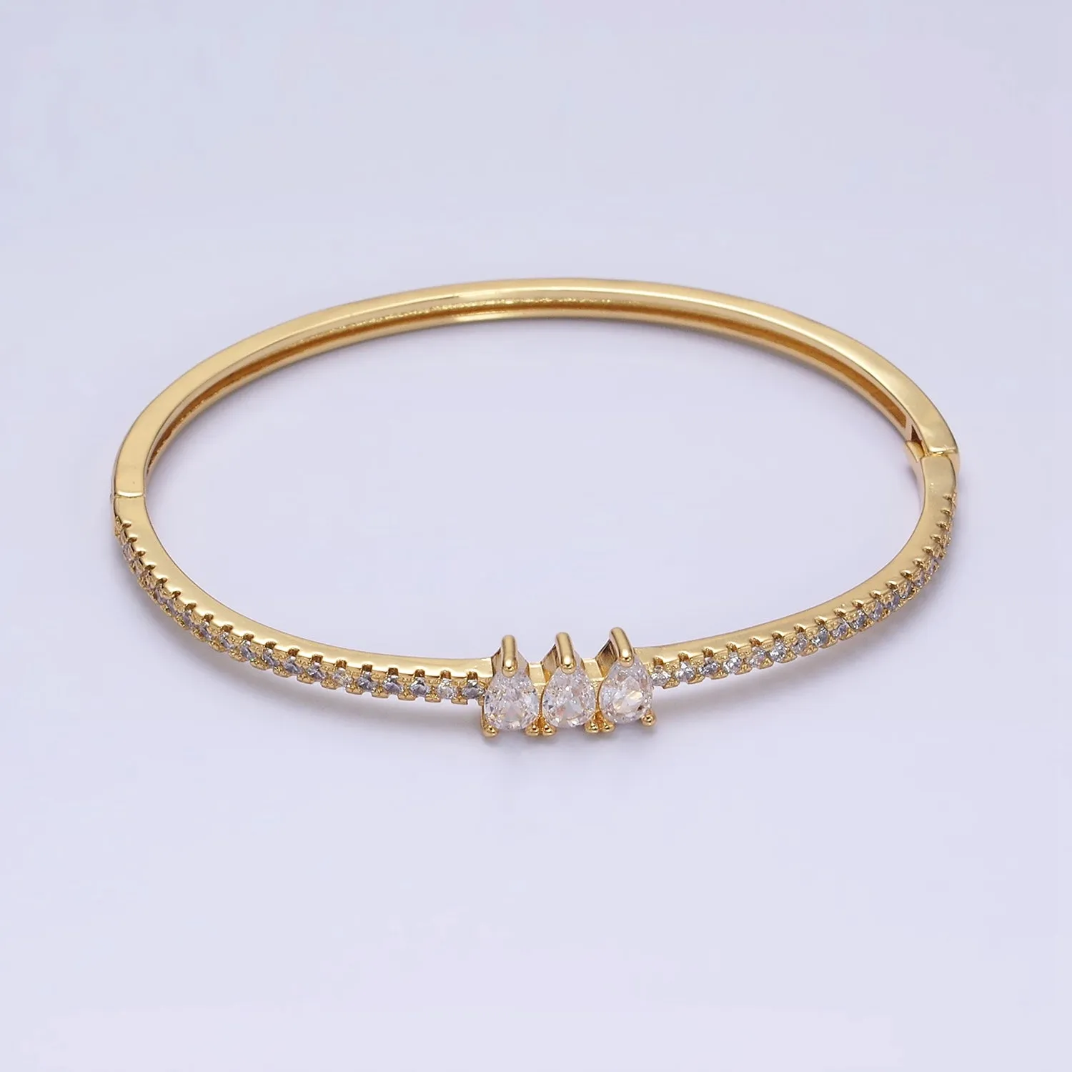 16K Gold Filled Triple Teardrop CZ Micro Paved CZ Stackable Hinge Bangle Bracelet | WA-1759