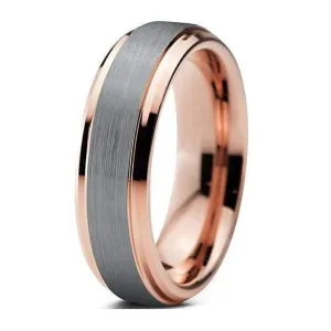 18K Rose Gold Inlaid Tungsten Wedding Band w/ Stepped Edges Brushed Center- 6mm