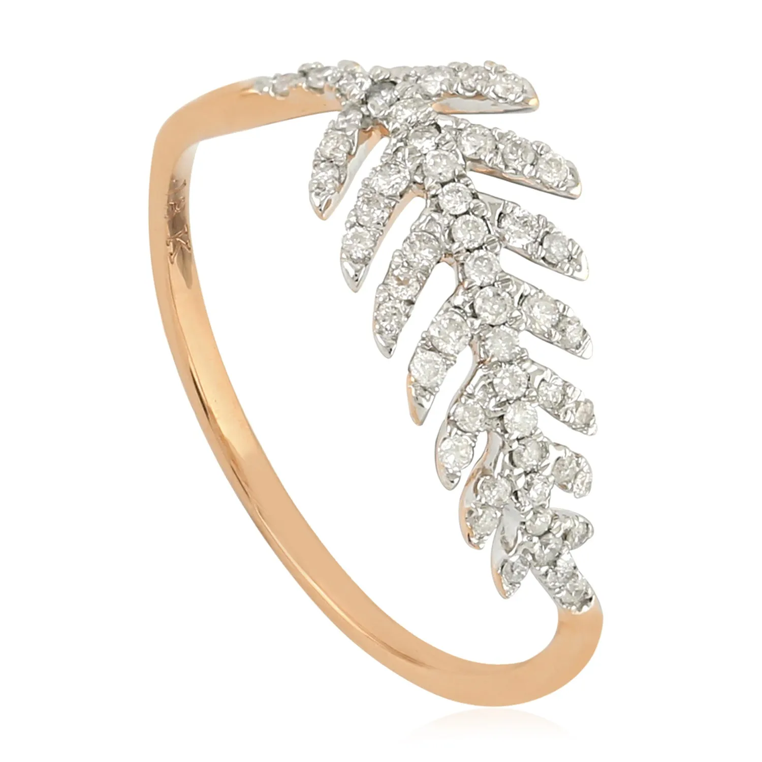 18K Rose Gold Pave Diamond Leaf Design Ring For Women's Gifts