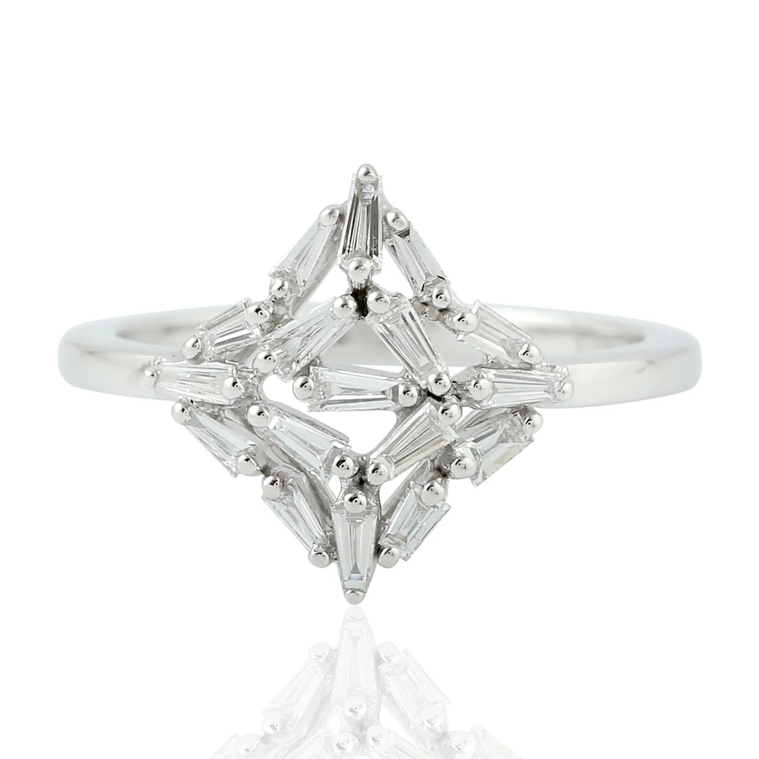18K White Gold Baguette Diamond Designer Ring Fine Jewelry