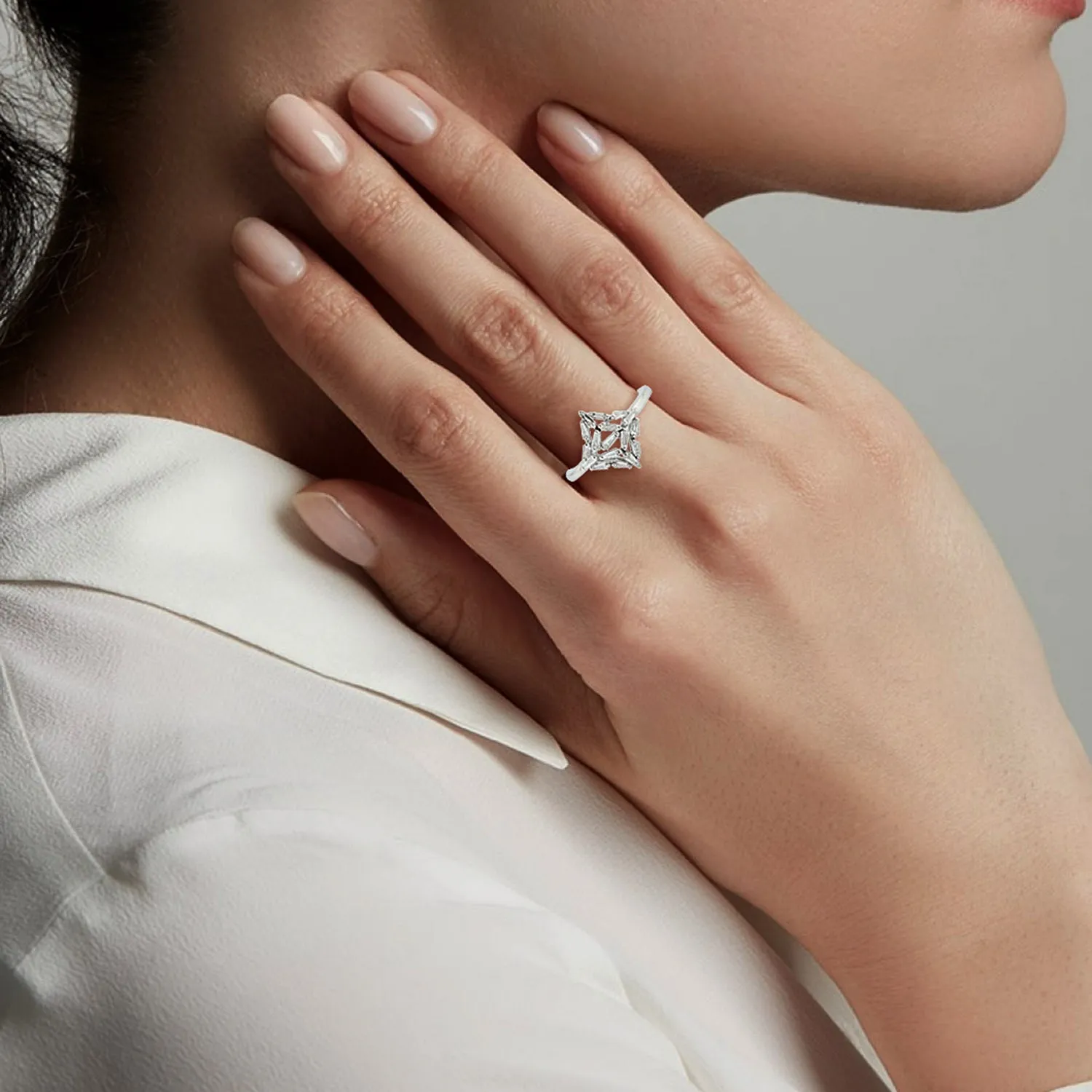 18K White Gold Baguette Diamond Designer Ring Fine Jewelry