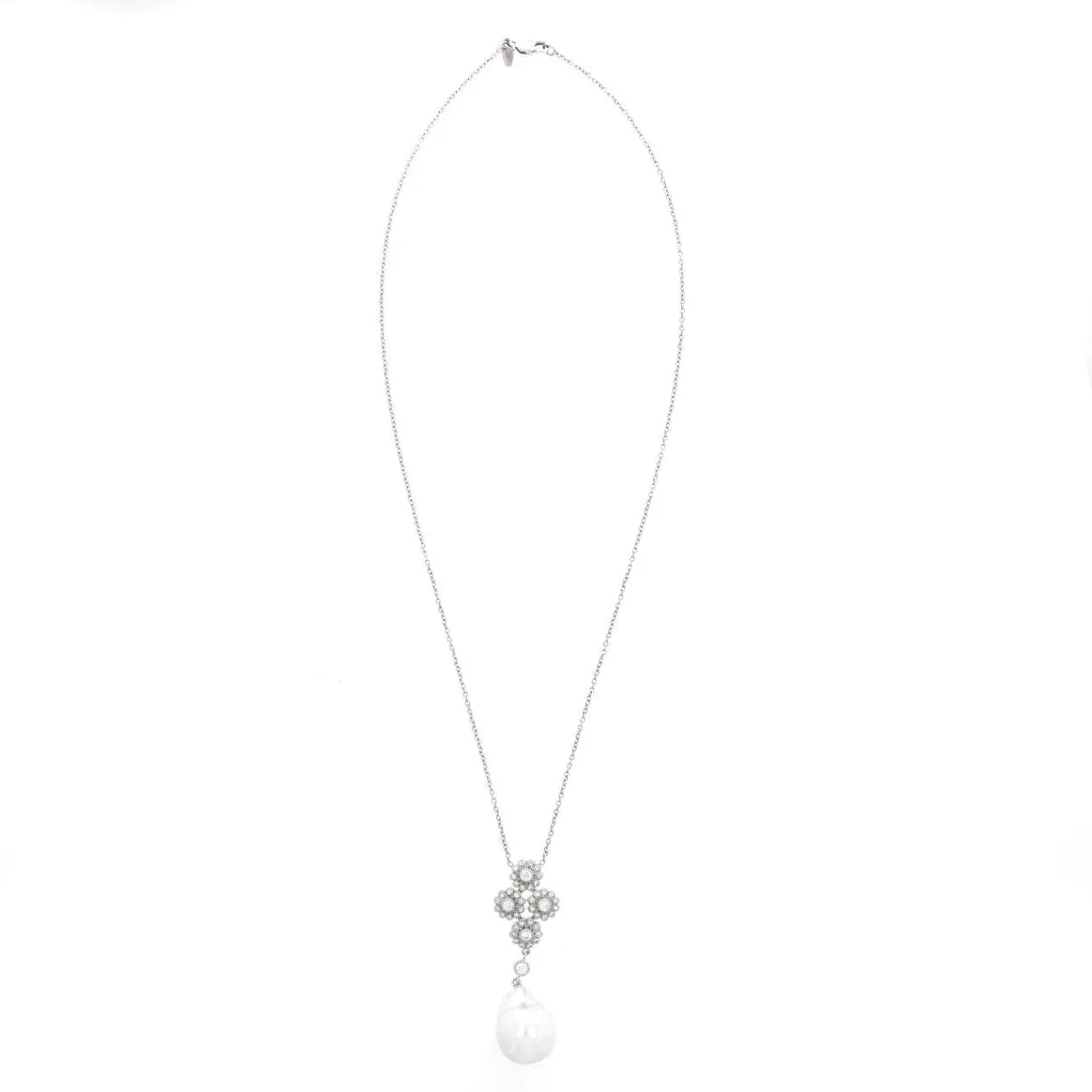 18K White Gold Floral Diamond and Pearl Pendant Necklace