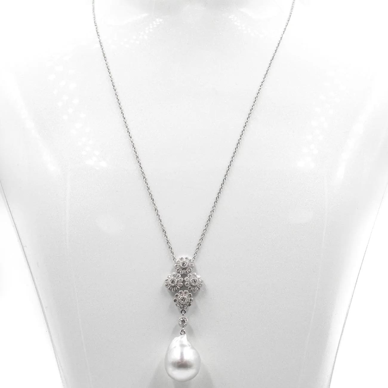 18K White Gold Floral Diamond and Pearl Pendant Necklace