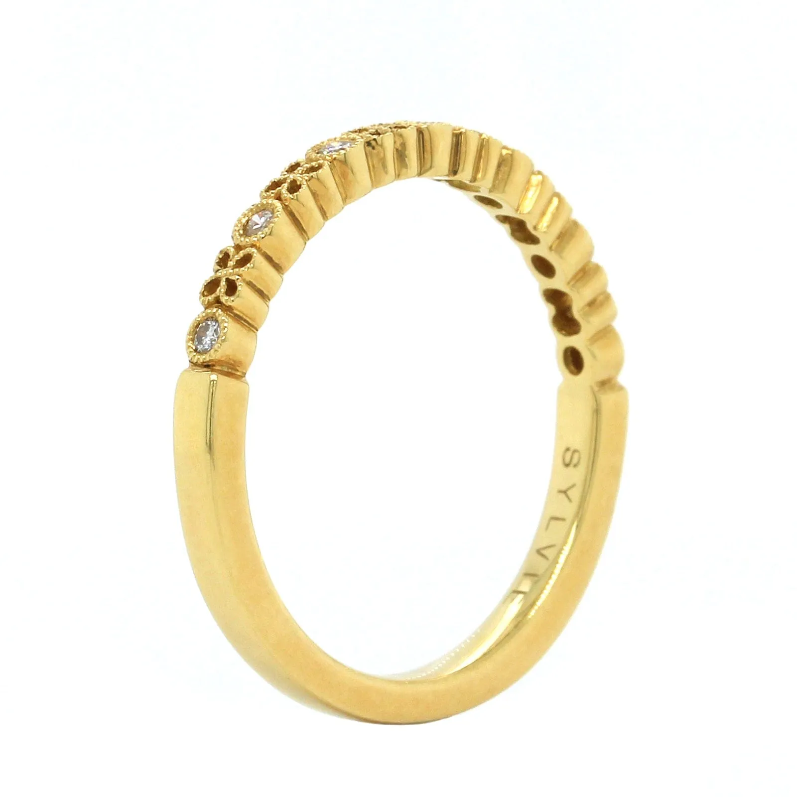 18K Yellow Gold Alternating Round and Floral Milgrain Wedding Band