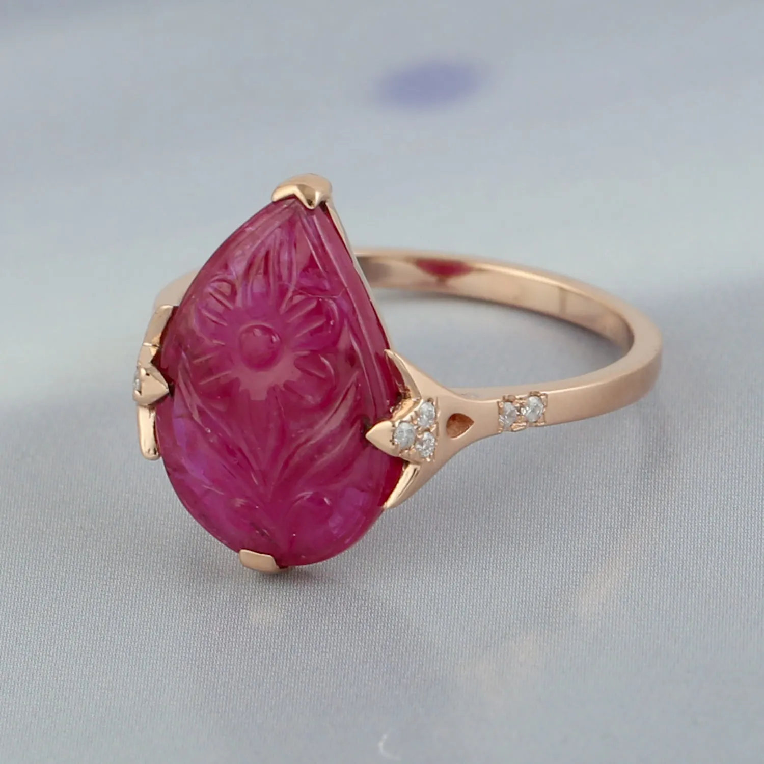 18k Yellow Gold Carved Flower Ruby Diamond Designer Ring Jewelry